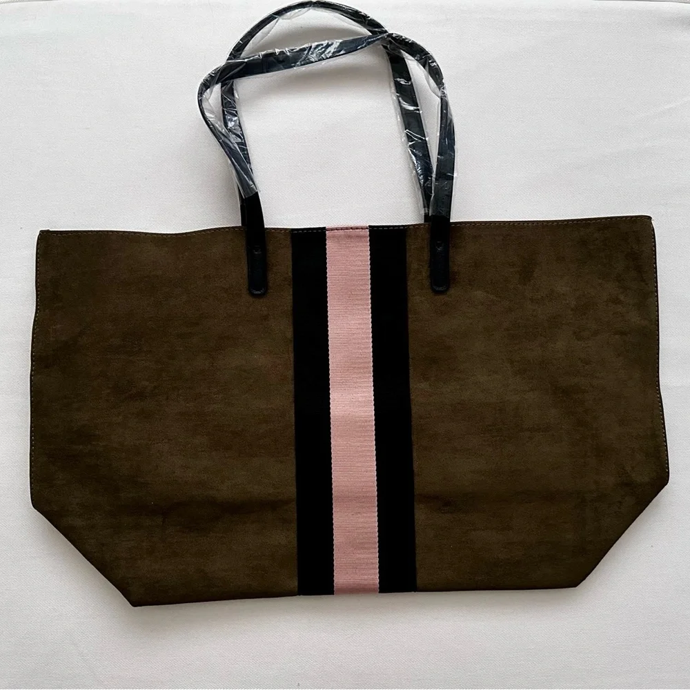 NWOT-Neiman Marcus Olive Green and  Pink Canvas Tote Bag with Minimalist Design - Picture 4 of 7